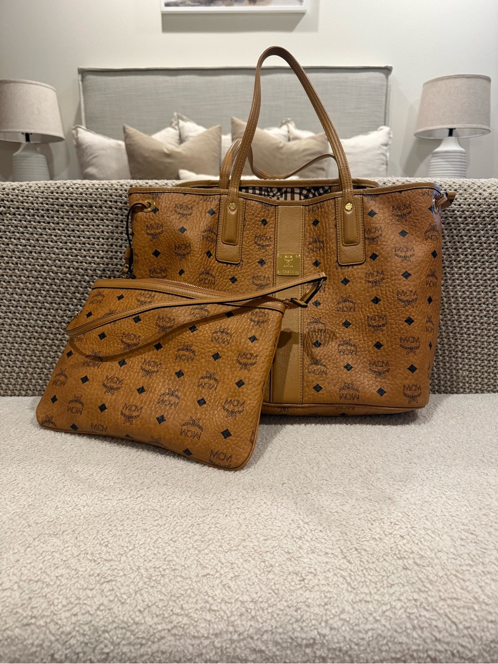 MCM Cognac Visetos Logo Tote with Pouch